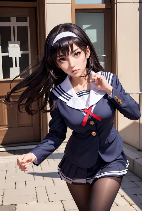 (masterpiece, best quality), 1girl, <lora:kasumigaoka_utaha_v2-1:0.8> aautaha, long hair, black hair, hairband, school uniform, sailor collar, blue blazer, long sleeves, pleated skirt, blue skirt, black pantyhose,