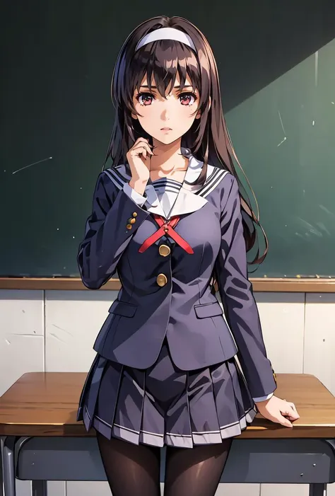 (masterpiece, best quality), 1girl, <lora:kasumigaoka_utaha_v2-1:0.8> aautaha, long hair, black hair, hairband, school uniform, sailor collar, blue blazer, long sleeves, pleated skirt, blue skirt, black pantyhose,