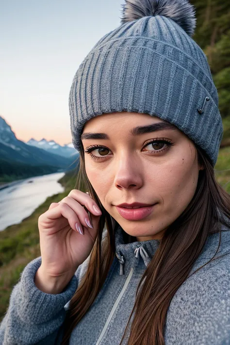 (L414C0ST4-420:0.99), photorealistic, best quality, hyper detailed, beautiful woman, selfie photo, upper body, solo, wearing pullover, outdoors, (night), mountains, real life nature, stars, moon, (cheerful, happy), sleeping bag, gloves, sweater, beanie, flashlight, forest, rocks, river, wood, smoke, fog, clear sky, analog style, looking at viewer, skin texture, film grain, close up, ultra high res, best shadow, RAW, instagram LUT, RAW candid cinema, 16mm, color graded portra 400 film, remarkable color, ultra realistic, textured skin, remarkable detailed pupils, realistic dull skin noise, visible skin detail, skin fuzz, dry skin, shot with cinematic camera, detailed skin texture, (blush:0.2), (goosebumps:0.3), subsurface scattering