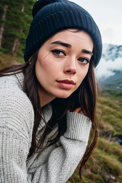 (L414C0ST4-420:0.99), photorealistic, best quality, hyper detailed, beautiful woman, selfie photo, upper body, solo, wearing pullover, outdoors, (night), mountains, real life nature, stars, moon, (cheerful, happy), sleeping bag, gloves, sweater, beanie, flashlight, forest, rocks, river, wood, smoke, fog, clear sky, analog style, looking at viewer, skin texture, film grain, close up, ultra high res, best shadow, RAW, instagram LUT, RAW candid cinema, 16mm, color graded portra 400 film, remarkable color, ultra realistic, textured skin, remarkable detailed pupils, realistic dull skin noise, visible skin detail, skin fuzz, dry skin, shot with cinematic camera, detailed skin texture, (blush:0.2), (goosebumps:0.3), subsurface scattering