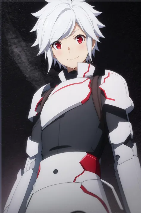 masterpiece, best quality, solo, looking at viewer, smirk, <lora:bell_cranel:0.8> bell_cranel, white hair, red eyes