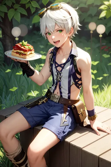 masterpiece, best quality,1boy, male focus, green eyes, shorts, solo, goggles, sitting, boots, open mouth, blue shorts, white hair, sleeveless, goggles on head, food, hair between eyes,(kbxll:0.8)