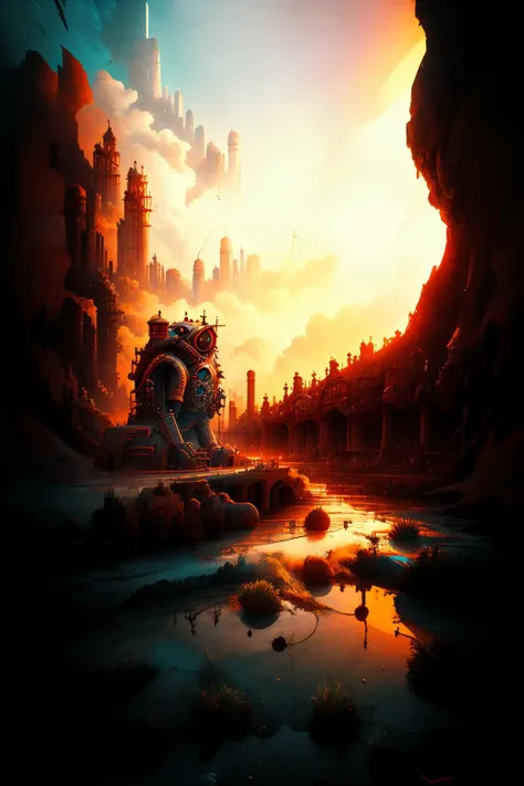a river with rocks and a sunset in the background , old_ai_style :1.5