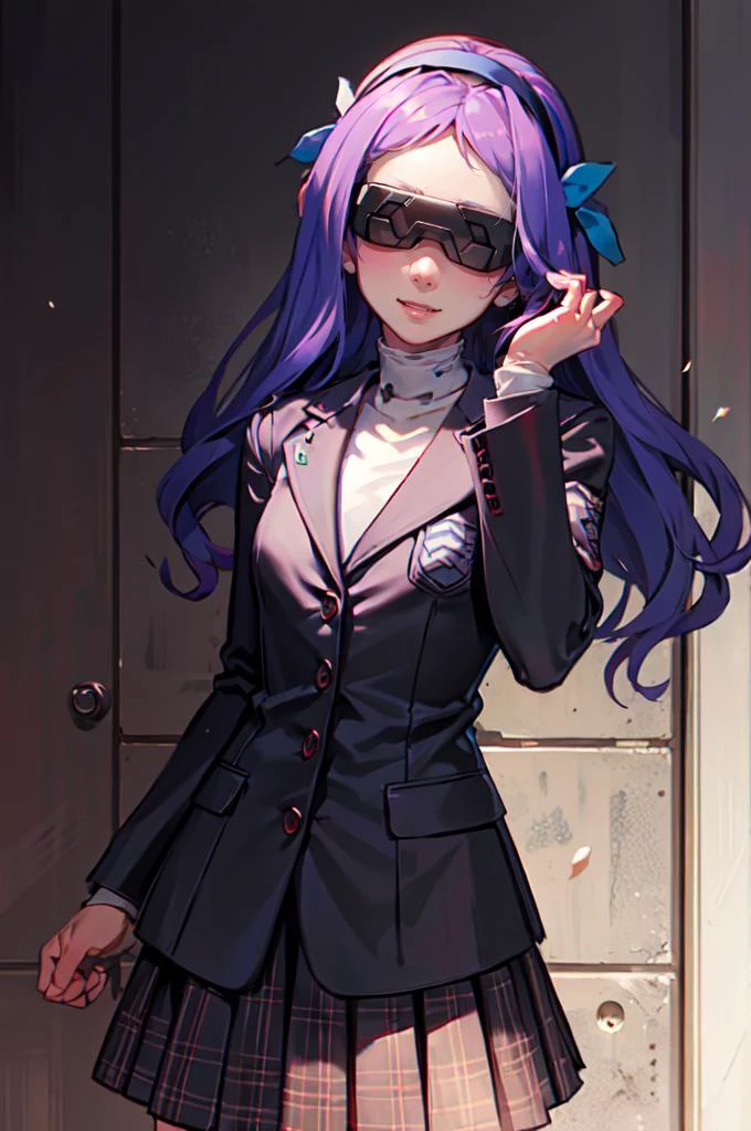 solo, smile, cowboy shot, <lora:kazemon:0.5> kazemon, digimon \(creature\), purple hair, very long hair, hair ornament, covered eyes, purple hairband, no eyes, head-mounted display, <lora:ShuujinAcademySchoolUniform:0.9> GirlUniform, shuujin academy school uniform, black jacket, plaid skirt,, absurdres, ultra detailed, masterpiece, best quality, aesthetic, detailed,