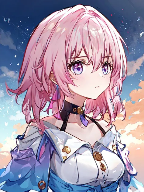 masterpiece, best quality, 1girl, solo, beautiful detailed sky, bare shoulders, hair between eyes, pink hair, <lora:march7th:1>