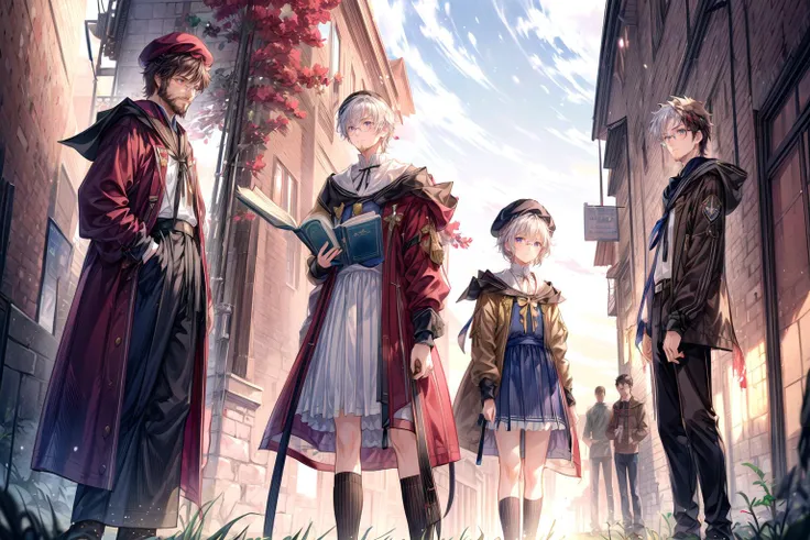 (magic:1.5), (magic powers:1.5), akashic records, (arcane magic:1.3), magic tools, library, magic artifacts, magic books, grassy area, soft lighting and sunlight
((3 girls, 2 boys):1.5), 
( (one girl has red hair with a white uniform dress):1.1), 
The red-haired girl exudes an aura of confidence. Her white uniform dress is adorned with subtle magical symbols, hinting at her proficiency in mystical arts.
((one girl is blond wearing a light blue skirt), (one girl has black hair with a book in hand and wears a purple dress and knee high white socks):1.1),
The blond girl radiates a gentle charm in her light blue skirt, while the black-haired companion carries a book filled with ancient spells. 
 ((one of the boys is a middle aged muscular male professor with dark brown skin tone, grey hair, and a beard wearing a brown jacket, dark brown skin, beret hat):1.1), 
The middle-aged professor stands as a pillar of wisdom and strength, His brown jacket is adorned with magical insignias, reflecting his years of experience in teaching the arcane arts. He wears a gardener's hat with a flower in it and a towel around his neck.
((one boy is a student with white hair and glasses):1.2), (magic academy:1.3), 
The student boy with white hair and glasses possesses an inquisitive gaze, signifying his eagerness to learn and unravel the mysteries of magic.
masterpiece, portrait, 
 The composition should be a captivating portrait, showcasing the characters' personalities and magical prowess in a full-body shot.
full body shot, 
<lora:add_detail:0.5> <lora:DW-000008:0.1> <lora:LAS:0.4>  <lora:hairdetailer:0.4> <lora:more_details:0.4> <lora:fstyle03-000005:0.4>
