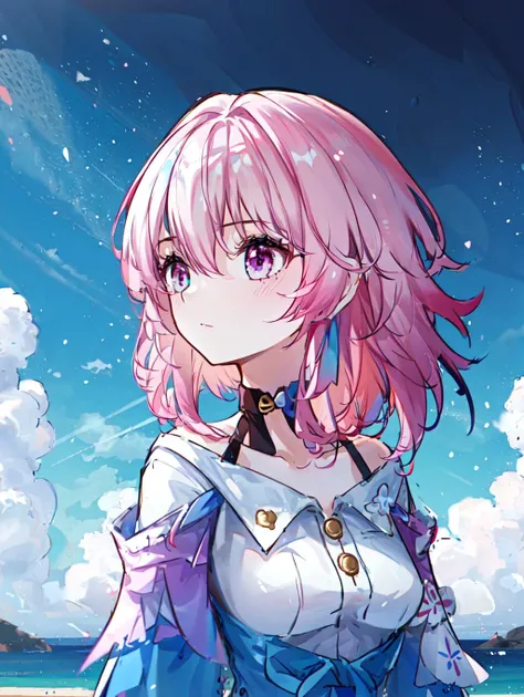 masterpiece, best quality, 1girl, solo, beautiful detailed sky, bare shoulders, hair between eyes, pink hair, <lora:march7th:1>