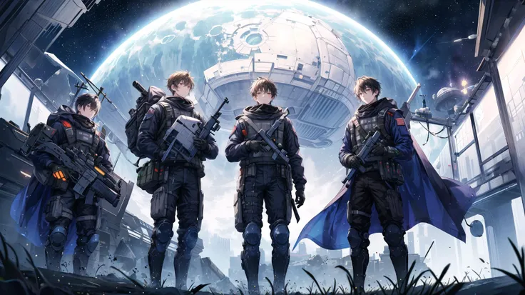 3 boys, military, soldiers, mercenaries, spaceship, trash station, casual clothing, space, supernova, stars, planets, masterpiece, <lora:add_detail:0.6>, <lora:LAS:0.4>, <lora:NeoFuturisticTech-20:0.3>, neotech, <lora:ARWSlumpArea:0.3>
