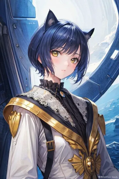 kittenfuturism dreadpunk style, best quality, (realistic:1.3), masterpiece, elaborate spaceship, one girl, hime haircut, [art deco|art nouveau], absurdres, (filigree:0.5), elegant, gothic, vibrant colors, professional, cinematic still <lora:hairdetailer:1>