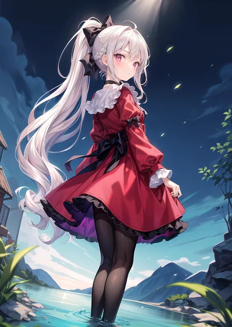 1girl,solo,dress,bow,waist bow,canvas \(object\),shadow,long sleeves,bangs,white hair,standing,arms at sides,frills,long hair,floor,black pantyhose,closed mouth,back bow,depth of field,legs apart,frilled dress,red dress,ribbon,black footwear,pantyhose,full body,light particles,collared dress,sidelocks,arm at side,hair ornament,neck ribbon,backlighting,dutch angle,black footwear,black belt,facing viewer,palette \(object\),belt,tsurime,triangle,high ponytail,dress bow,twintails,socks,black bow,side drill,blurry background,chromatic aberration,official alternate costume,wavy hair,hair bow,jewelry,choker,
//,
<lora:ç»èè°æ´add_detail:0.7>,
(masterpiece:1.3),best quality,clear,((high resolution)),(ultra-detailed),(colorful:1.2),soft lighting,full body,from side,
(long hair:1.2),
stream,looking at viewer,(wading:1.2),looking back,outdoors,mountain,leaves floating on stream,