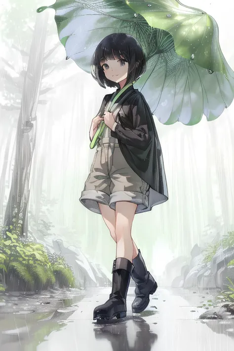 1girl, medium chest, (rain:1.1), black boots,  black hair,  hair, bob cut, shirt, (overall_shorts:1.2), cape, bangs,  forest,  from below, looking away,  walking, 
leaf umbrella, leaf, reflection,  <lora:LeafUmbrella:1><lora:flat:-0.2>, <lora:lit:0.45>, smile, <lora:age_slider:0.55> <lora:flatBG:-1>, 8k,, ultra_detailed:1.2