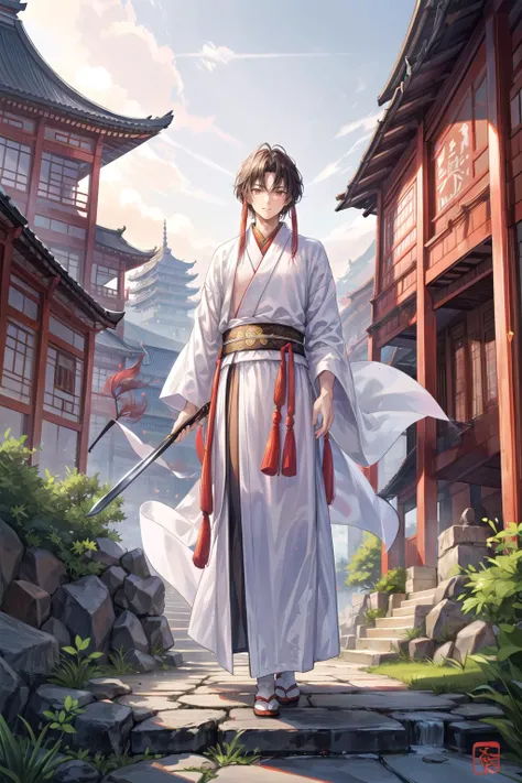 Zhou Dynasty, Chinese Emperor, palace, stone walkway, young man holding a sword, white silk robes with red lining and tassels, masterpiece, full body shot, bridge, chinese pagoda and buildings, <lora:æ¦ä¾ V1:0.3>, <lora:LAS:0.4>, <lora:add_detail:0.6> <lora:hairdetailer:0.4>
