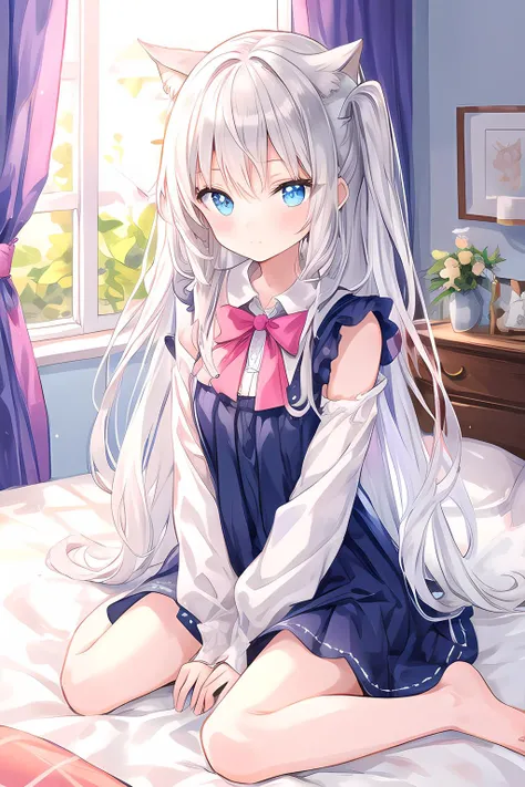 beautiful illustration, best quality, cute girl, bedroom,wariza, pastel color petite, silver long hair,  bright lighting, light blue eyes, <lora:add_detail:0.3>