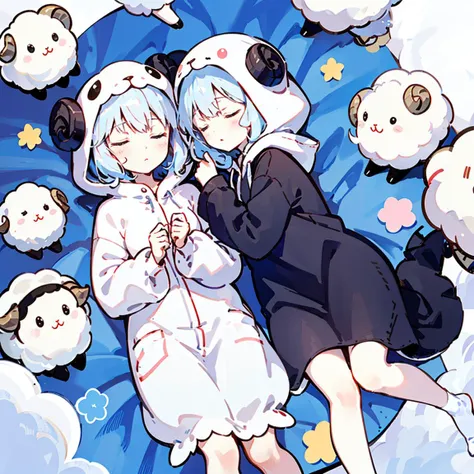 ((masterpiece, best quality)), (a levitation sleeping cute white sheep-kigurumi-girl counting mini sheep, in the dream), on the fuwafuwa wool clouds, cute suyasuya face, mokomoko white-sheep kigurumi clothes, me-me- stuffed-black-sheep, <lora:more_details:-0.5>, <lora:boldline:1.0>, <lora:add_brightness:1.0>