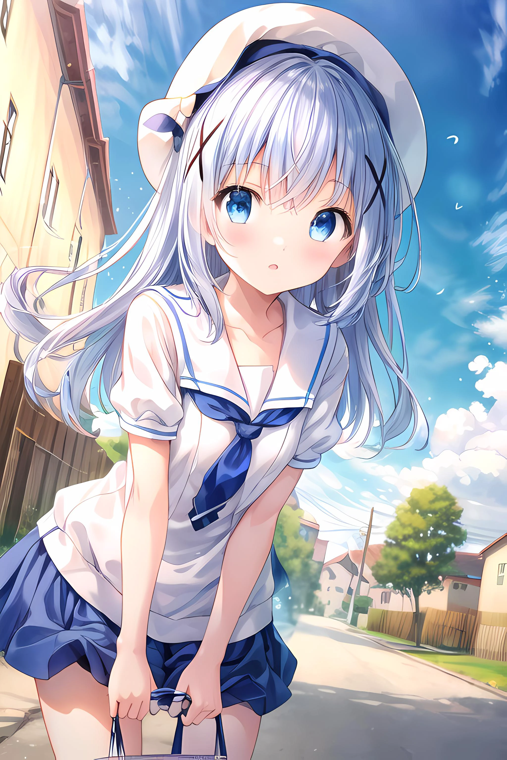 1girl,summer,beautiful detailed sky,cloud,countryside street,puffy short sleeves,(white_serafuku:1.1),chino,<lora:add_detail:0.6> <lora:ChiMaMe:1>