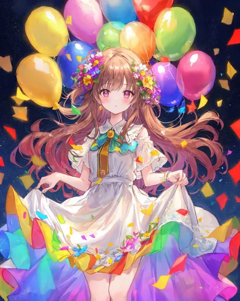 highly detailed, masterpiece, balloon aura, colorful confetti, beautiful woman, flowing dress
