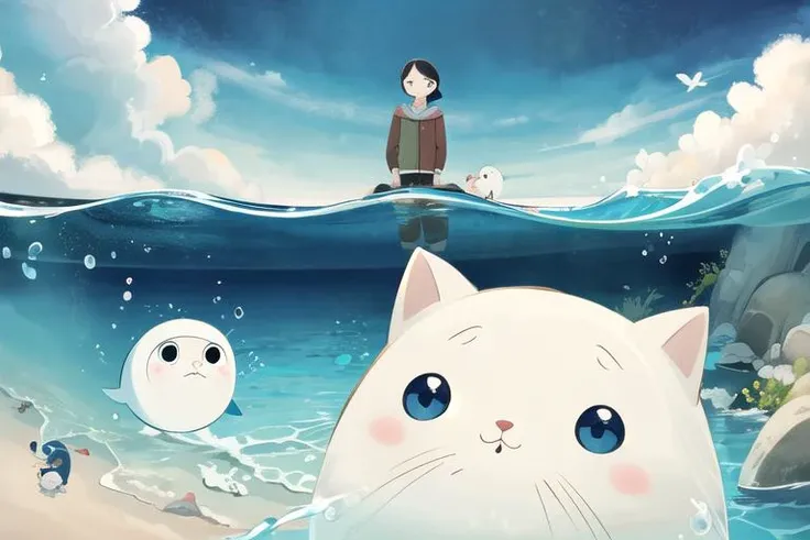 Song of the Sea, a cartoon seal and a girl swimming in the ocean, Saoirse, Ben <lora:SOTS_version_2-000002:1>