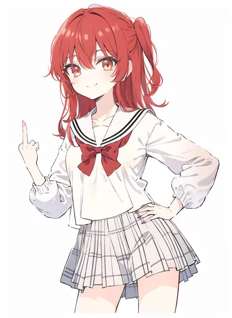kita ikuyo, medium breasts, white sailor collar, smile, long sleeves, collarbone, looking at viewer, red bow, solo, school uniform, skirt, simple background, hand up, pleated skirt, black skirt, white background, 1girl, bow, hair between eyes, <lora:kita_ikuyo:1>,flat color ,<lyco:VECTORV1-TRIM:1.0>, <lora:animeLineartStyle_v20Offset:0.7>,red hair, beige skirt, NSFW,small breasts, breasts,,fingernails, lineart, <lyco:midfinger-left-v2-wasabiya:1.0>,middle finger,:>, hand on hip, <lora:midfinger-left-v2-wasabiya:1>