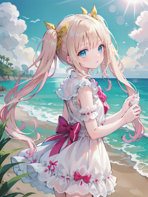 masterpiece, best quality, standing, cute, pink frilled dress,gold long hair, twintails, bowtie, beautiful eyes, shamed, from side, blue sky,seaside, hidden hands