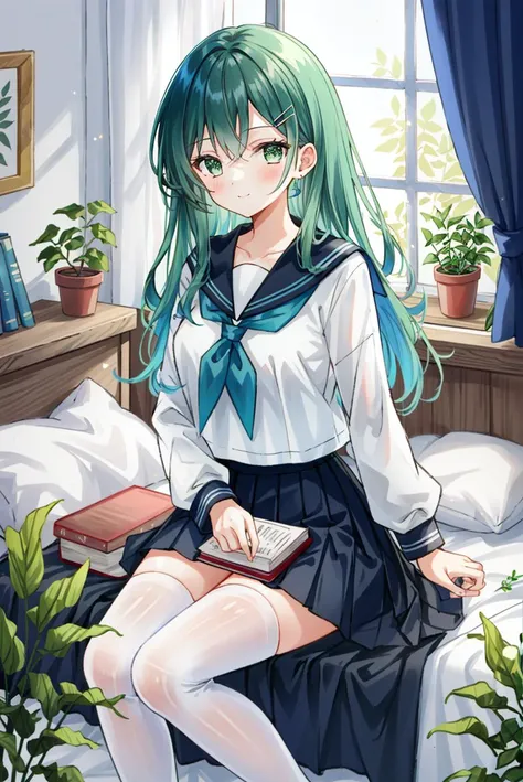 masterpiece, best quality,extremely detailed CG unity 8k wallpaper, ink (medium),huge_filesize,highly detailed,Amazing,colorful,1girl, solo, long hair, light smile,window, school_uniform, 1girl, curtains, green_eyes, green_hair, long_hair, serafuku, indoors, blue_neckerchief, solo, plant, skirt, potted_plant, neckerchief, white_legwear, on_bed, long_sleeves, pleated_skirt, bed, pillow, book, hairclip, looking_at_viewer, hair_ornament, bed_sheet, sailor_collar, light_particles, sitting,