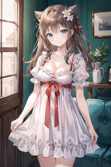 masterpiece,masterpiece, top quality, best quality, realistic, unity, 8k wallpaper, official art, extremely detailed CG unity 8k wallpaper,1girl, solo, flower, hair tied up in a bun, hair ornament,mole,looking at viewer, hair flower, bangs,blurry, smile,<lora:flat2:-0.1>, <lora:ネグリジェ:1>,negligee, dress, frills,standing, cowboy shot, indoors, dress, frills, medium breasts, cleavage,