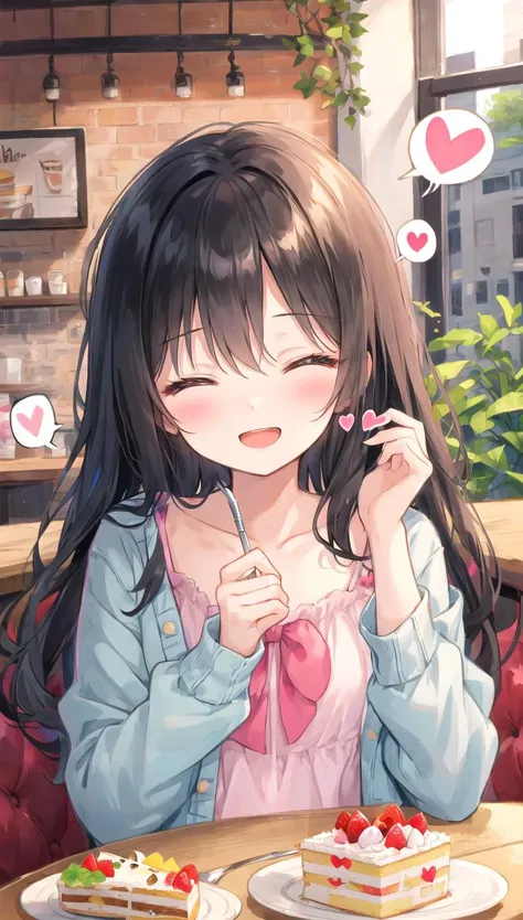 beautiful illustration, best quality, cute girl, cafe, sitting, parfait, cake, (spoken heart), happy, open mouth, close eyes, casual clothes, collarbone, long hair, black hair