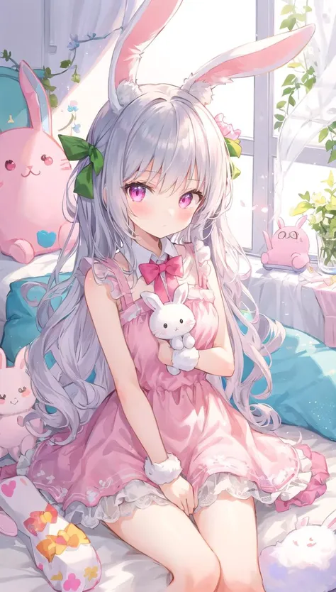 beautiful illustration, best quality, cute girl, bedroom, pastel color, fluffy bunny ears, petite, silver long hair, rabbit stuffed toy, bright lighting, light pink eyes