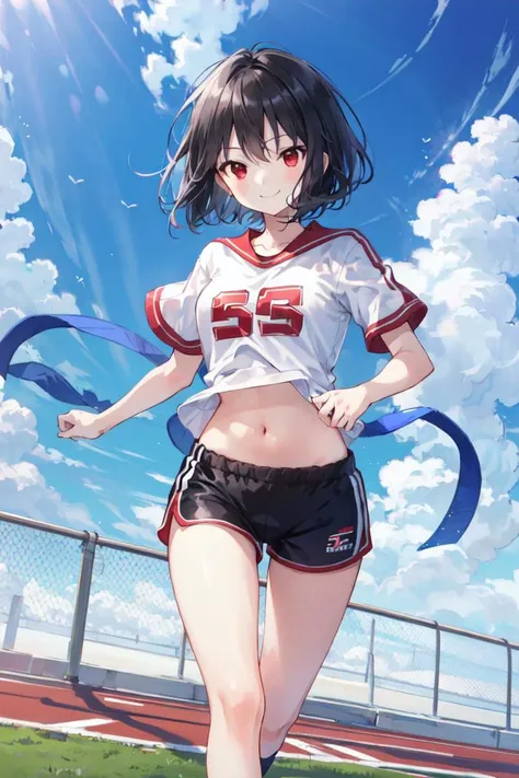 (masterpiece:1.2),best quality,perfect anatomy,extremely detailed,
BREAK
cute girl,shiny skin,light smile,solo,short hair,
lovely big eyes,cute eyes,(red eyes:1.4),(black hair:1.4),
BREAK
sport shirt,sport shorts,
BREAK
school,running track,
BREAK
looking at viewer,character focus,evil smile,running, 
BREAK