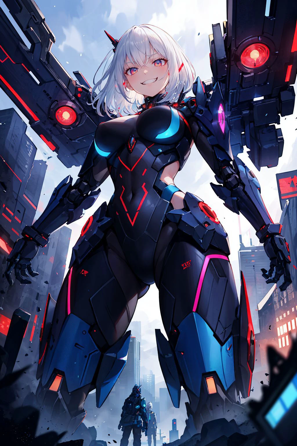 masterpiece, best quality, high quality, (futuristic:1.1), (cyberpunk clothes), cinematic lighting, (beautifully detailed background), beautiful hair details, dramatic lighting,
1girl, mecha, (evil grin:1.2), from below, blurry background, depth of field, dynamic pose, white hair,
<lora:sunAndShadow_v10:0.4> cloud,colorful, starry,stars,