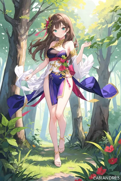 beautiful illustration, best quality, cute girl, half-naked, full body, lowland mixed forest, calvary, thai