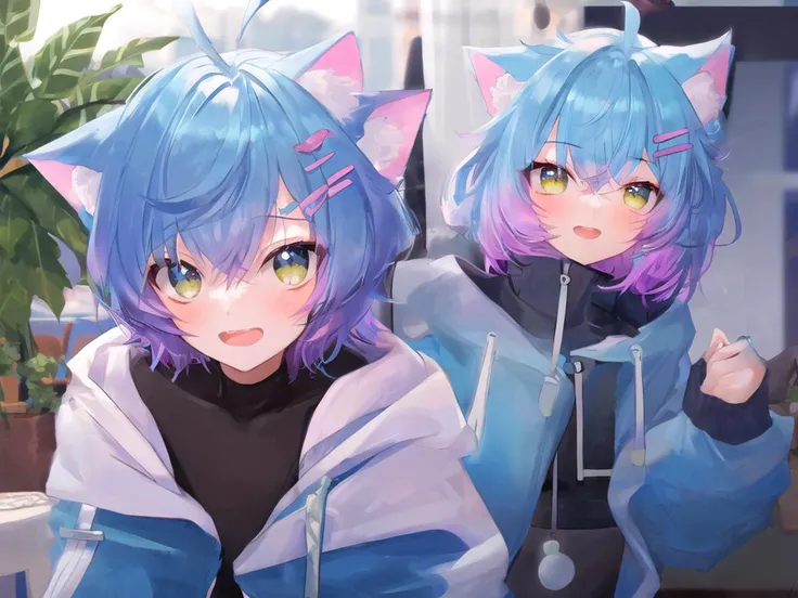 <lora:Linechu_fuwafuwa_v5-000002:0.8> Linechu, a boy with blue hair and cat ears
