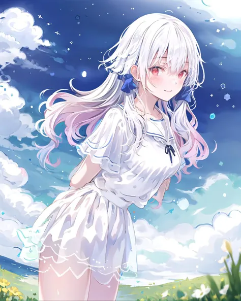 masterpiece,best quality,1girl,solo,outdoors,blush,looking at viewer,serafuku,smile,grass,bangs,sky,blue sky,cloud,medium breasts,hair between eyes,white hair,red eyes,arms behind back,simple clothes,long hair,