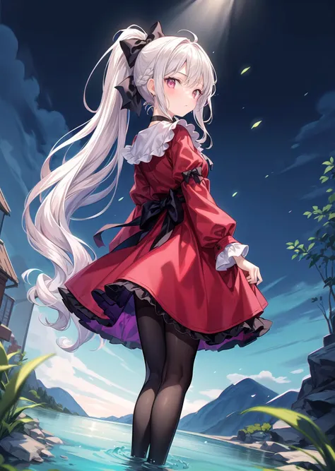 1girl,solo,dress,bow,waist bow,canvas \(object\),shadow,long sleeves,bangs,white hair,standing,arms at sides,frills,long hair,floor,black pantyhose,closed mouth,back bow,depth of field,legs apart,frilled dress,red dress,ribbon,black footwear,pantyhose,full body,light particles,collared dress,sidelocks,arm at side,hair ornament,neck ribbon,backlighting,dutch angle,black footwear,black belt,facing viewer,palette \(object\),belt,tsurime,triangle,high ponytail,dress bow,twintails,socks,black bow,side drill,blurry background,chromatic aberration,official alternate costume,wavy hair,hair bow,jewelry,choker,
//,
<lora:细节调整add_detail:0.7>,
(masterpiece:1.3),best quality,clear,((high resolution)),(ultra-detailed),(colorful:1.2),soft lighting,full body,from side,
(long hair:1.2),
stream,looking at viewer,(wading:1.2),looking back,outdoors,mountain,leaves floating on stream,