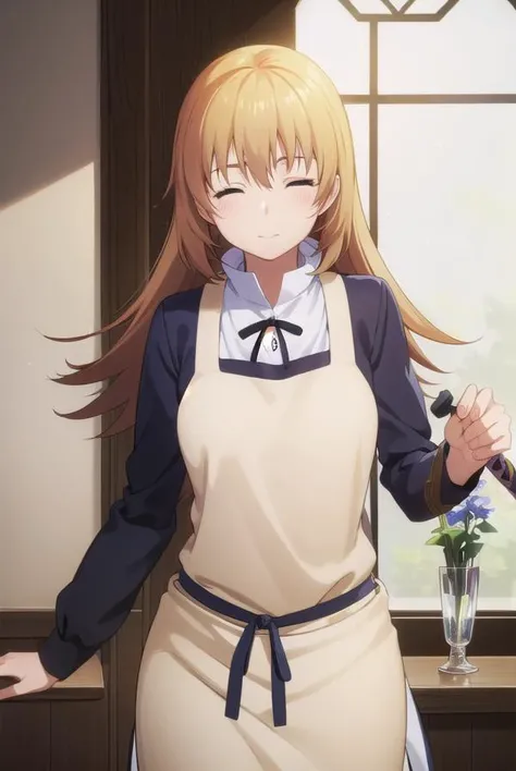 yachiyotodoroki, <lora:yachiyo todoroki s2-lora-nochekaiser:1>,
yachiyo todoroki, long hair, blonde hair, (closed eyes:1.7), smile,
BREAK weapon, sword, apron, katana, waitress,
BREAK indoors, restaurant,
BREAK looking at viewer, (cowboy shot:1.5),
BREAK <lyco:GoodHands-beta2:1>, (masterpiece:1.2), best quality, high resolution, unity 8k wallpaper, (illustration:0.8), (beautiful detailed eyes:1.6), extremely detailed face, perfect lighting, extremely detailed CG, (perfect hands, perfect anatomy),