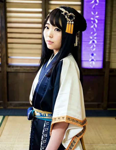 ShinoAoi, woman,
close-up headshot,
In this scene, our lady dons a resplendent samurai ensemble, meticulously tailored to reflect the grandeur of the Kyoto era. Her kimono, crafted from opulent silk brocade, showcases an intricate design of soaring phoenixes amidst a backdrop of vibrant cherry blossoms. The fabric shimmers under the soft light, emphasizing the artistry and craftsmanship involved in its creation. The sleeves of her kimono are adorned with delicate embroidery depicting swirling waves, symbolizing her resilience and adaptability. Her hakama, expertly pleated and tied with an obi belt featuring an elaborate knot, adds an air of sophistication and grace to her attire. Her armor, crafted with meticulous attention to detail, comprises a cuirass adorned with golden motifs, arm guards displaying intricate engravings, and greaves that protect her lower legs. Completing her formidable appearance is a kabuto helmet, its lacquered surface reflecting the surrounding light, and a majestic crest proclaiming her family's noble heritage. Her expression radiates tranquility and unwavering focus as she engages in deep meditation, fully embodying the essence of a samurai warrior from the Kyoto era.
good hand,4k, high-res, masterpiece, best quality, head:1.3,((Hasselblad photography)), finely detailed skin, finely detailed textures, sharp focus, (cinematic lighting), collarbone, night, soft lighting, dynamic angle, [:(detailed face:1.2):0.2]