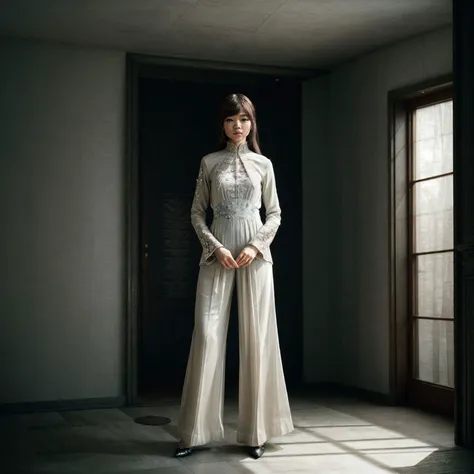 ShinoAoi <lora:ShinoAoi+_v1.0:1>, <lora:add_detail:0.8> epic character composition, by ilya kuvshinov, alessio albi, nina masic, sharp focus, natural lighting, subsurface scattering, f2, 35mm, film grain,matte skin, pores, colors, hyperdetailed, hyperrealistic, confident, certain, poise, conviction, faith, boldness, looking at camera, ( An elegant jumpsuit with a high neckline and wide-leg pants, adorned with subtle floral embroidery. :1.2), Within the bright embrace of a modern studio, an upper body portrait captures the essence with an expressive gaze, dramatic folds, and rich tonal contrasts. The scene breathes with subtle texture and timeless elegance draped in sophistication. In refined simplicity, shadow play becomes an art form, fashioning a hauntingly beautiful tableau. The photograph transforms into a sensory exploration of luxury and grace a testament to the photographer s finesse in rendering not only the visual but the tactile within the contemporary studio s ambiance. A conduit for emotion, it invites the viewer to feel the sumptuousness, envisioning the embrace of opulence within the controlled environment. The photographer s skill turns shadows into poetry, each fold and highlight a stanza in a captivating composition that resonates with the modern aesthetic, leaving an indelible mark on the senses.