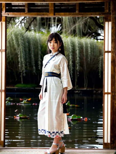 ShinoAoi, woman,
(medium shot of woman:1.3)
Mythical cultivation warrior, ancient Chinese dynasty, graceful pose, elegant garb, white silk dress, cloud and dragon patterns, flowing sleeves, golden embroidery, jade hairpin, silver earrings, lotus shoes, ancient environment, lotus pond, stone bridge, willow trees, floatinglanterns, soft breeze, peaceful atmosphere, traditional Chinese garden, suzhou garden, delicate brushstrokes, colorful palette, realistic, Ming dynasty, 14th-17th century.
good hand,4k, high-res, masterpiece, best quality, head:1.3,((Hasselblad photography)), finely detailed skin, finely detailed textures, sharp focus, (cinematic lighting), collarbone, night, soft lighting, dynamic angle, [:(detailed face:1.2):0.2]