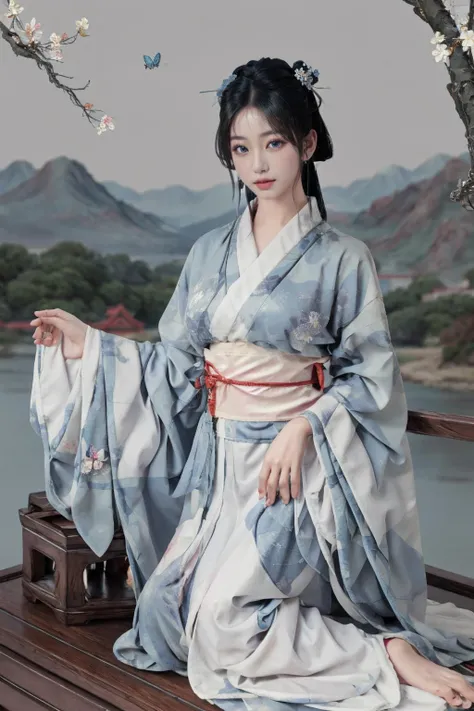 (best quality),[masterpiece],((beautiful:0.75) cute girl:0.75),kneeling,looking at viewer,narrow waist,wide hips,close-up viewer,bird,outdoors, river,flower, butterfly, 
<lora:APS:1> APS,Chinese style, <lora:Kimono yukata Rem:0.75> japanese clothes, hair flower, blue eyes, kimono, blue hair, hair ornament,