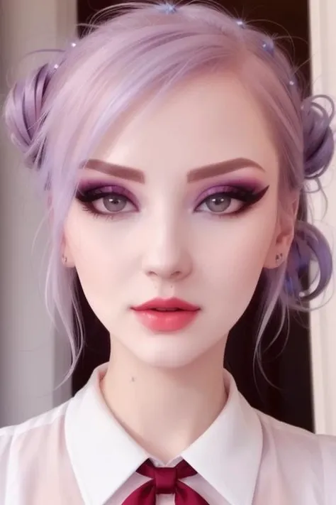 photo of a woman, <lora:lorelaye-09:0.5>, lorelaye, ((pale skin):1.1), ((beautiful white hair)), ((hair up, hair in bun, fancy updo):1.2), (eye contact, facing camera), ((bowtie, white shirt):1.2), ((closeup, portrait)),((outdoors, city):1.3),((red lipstick, eyeliner, eye shadow, blush):1.2), ((best quality, masterpiece, extreme details, high resolution):1.2),((detailed eyes, beautiful eyes, detailed face, beautiful face):1.2)