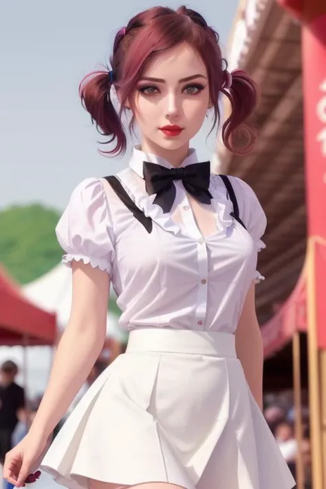 photo of a woman, <lora:lorelaye-09:0.5>, lorelaye, ((pale skin):1.1), ((beautiful dark brown hair)), ((short hair, pigtails):1.2), (eye contact, facing camera), ((bowtie, skirt, white shirt, black thighhighs, ):1.2), ((cowboy shot, waist, hips, thighs):1.2),((walking, outdoors, festival, carnival):1.3),((red lipstick, eyeliner, eye shadow, blush):1.2), ((best quality, masterpiece, extreme details, high resolution):1.2),((detailed eyes, beautiful eyes, detailed face, beautiful face):1.2)