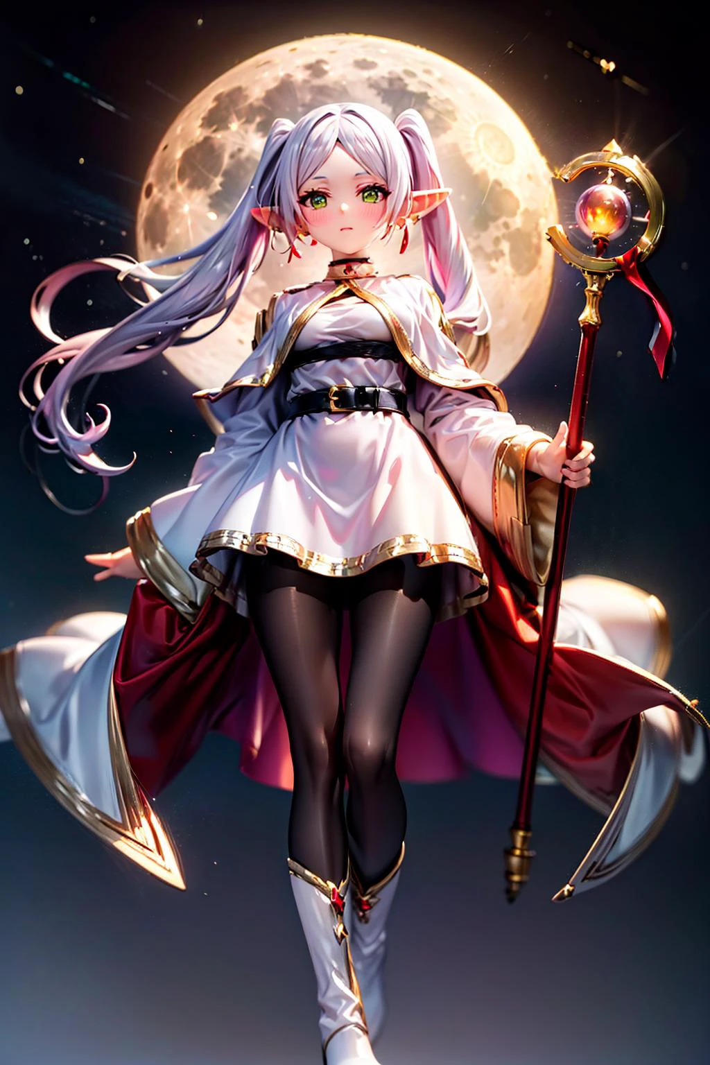 masterpiece, best quality, ultra-detailed, (perfect face, detailed face),
white hair, (dual ponytails:1.3), (hair ornament:1.4), sidelocks, small breasts, full-face blush, expressionless, green eyes, (glowing eyes:1.3),
long hair, pointy ears, (twintails:1.3), jewelry, elf, earrings, capelet, long sleeves, short skirt, (parted bangs:1.4), white dress, (one belt:1.3), gray pantyhose, (long white boots:1.3),
(from below:1.1), looking at viewer, full body, (holding long staff:1.1), (hanging in the air:1.4), flying, jumping, floating in the air, (glowing staff:1.3), despise,
outdoors, night, (bright sky:1.2), moon light, (full moon, bright moon, large moon, super moon:1.3), moon occupy large area, (star sky:1.3), motion blurry, (gradient sky:1.2), (simple background, only sky in background:1.4), invisible horizon, no ground,
<lora:FrierenNDV:0.8>, FrierenNDV,
<lora:detail_slider_v4:1>,
<lora:more_details:0.2>,
<lora:GoodHands-vanilla:1>,
<lora:shou-v50:0.2>,