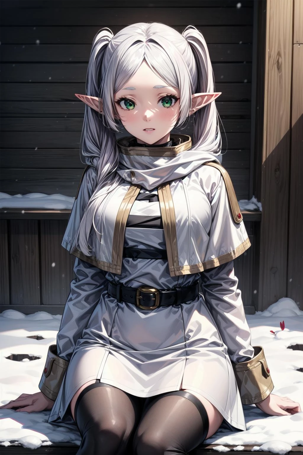 best quality, masterpiece, 1girl, (solo:1.1), raytracing, ultra detailed,detailed face, 8k wallpaper, wide hips, <lora:more_details:0.5>, FrierenNDV, 1girl, white hair, twintails, green eyes, medium breasts, long hair, pointy ears, elf, parted bangs, white capelet, white dress, belt, long sleeves, <lora:FrierenNDV:0.7>, outdoor, sitting, hood, scarf, snow, winter