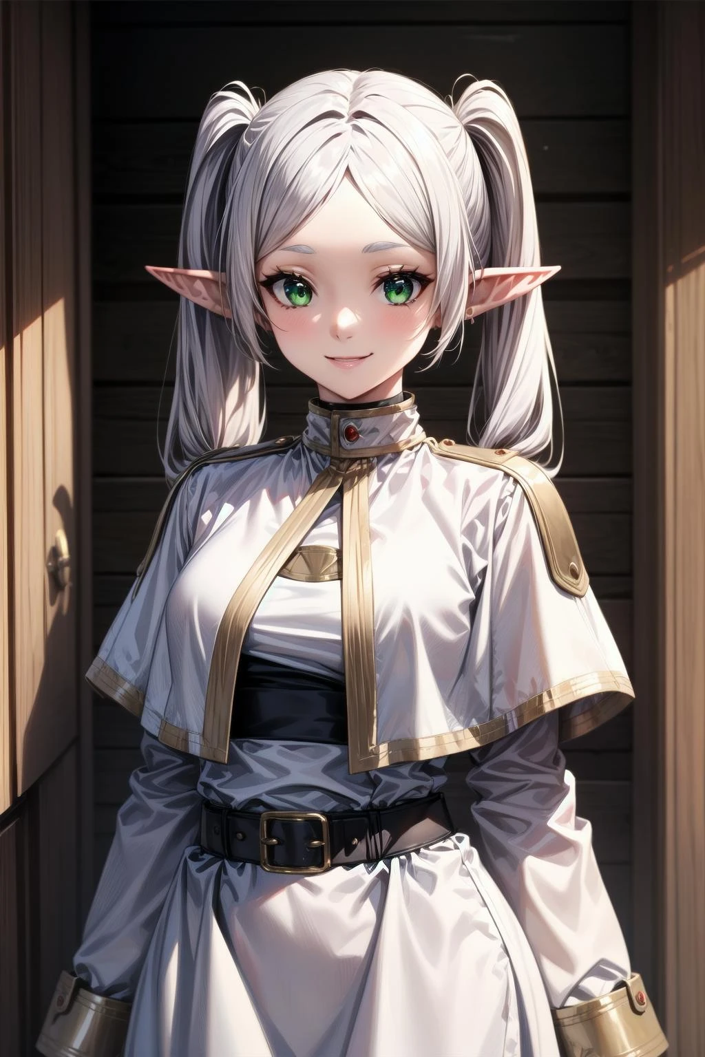 best quality, masterpiece, 1girl, (solo:1.1), raytracing, ultra detailed,detailed face, 8k wallpaper, smile, wide hips, <lora:more_details:0.5>, FrierenNDV, 1girl, white hair, twintails, green eyes, medium breasts, long hair, pointy ears, elf, parted bangs, white capelet, white dress, belt, long sleeves, <lora:FrierenNDV:0.7>, outdoor, standing
