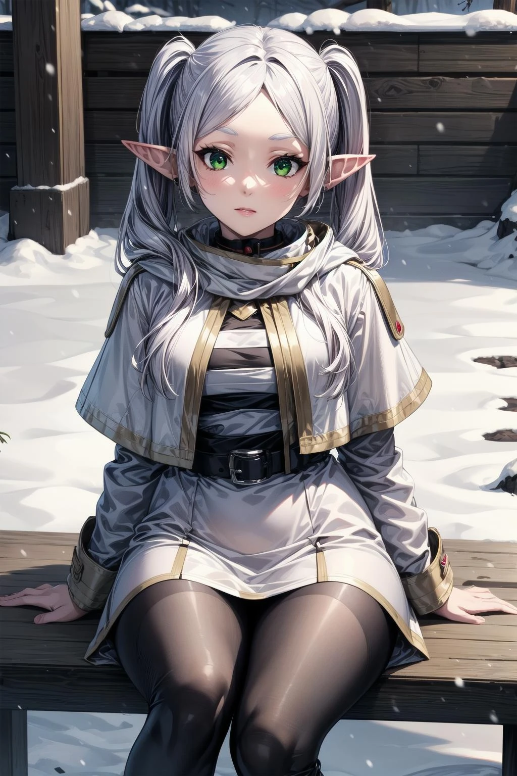 best quality, masterpiece, 1girl, (solo:1.1), raytracing, ultra detailed,detailed face, 8k wallpaper, wide hips, <lora:more_details:0.5>, FrierenNDV, 1girl, white hair, twintails, green eyes, medium breasts, long hair, pointy ears, elf, parted bangs, white capelet, white dress, belt, long sleeves, <lora:FrierenNDV:0.7>, outdoor, sitting, hood, scarf, snow, winter