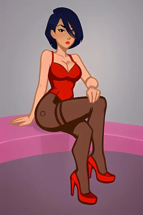 beautiful girl with short blue hair, sitting, black pantyhose, cleavage, high heels,
highly detailed, 8k,