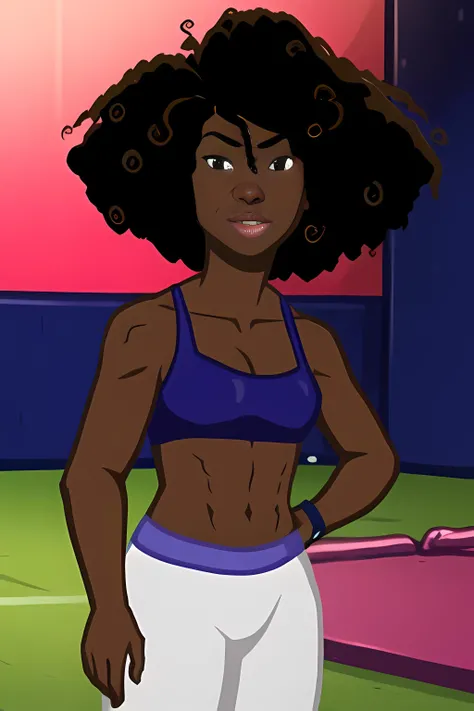 diana, woman, dark skin, lifting weights at the gym, afro, intricate details, hyperdetailed, cinematic, realistic, masterpiece