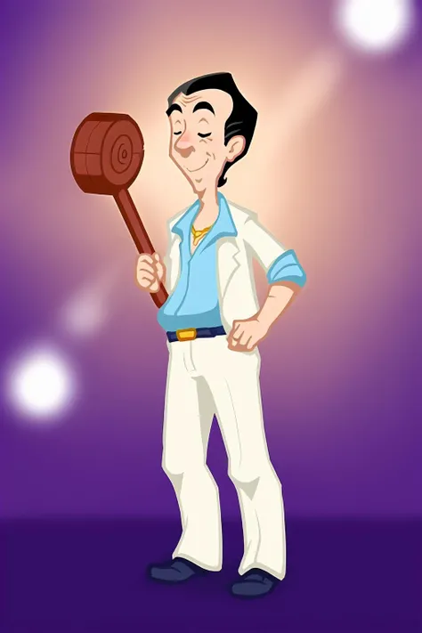 Larry, proud man holding a big hammer, big yellow star behind him, purple background with stars, a character portrait, smile, shirt, black hair, 1boy, jewelry, standing, jacket, full body, closed eyes, male focus, belt, pants, necklace, star \(symbol\), hand on hip, blue shirt, sleeves rolled up, white pants,
highly detailed, 8k, cinematic,