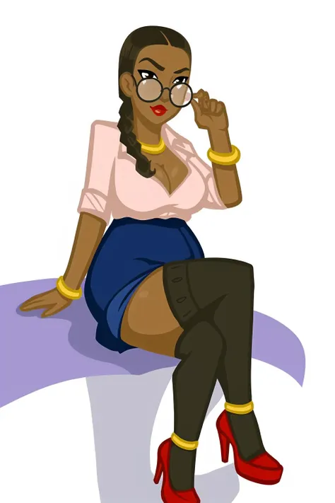 Anu, 1girl, curvy, long hair, skirt, shirt, thighhighs, cleavage, jewelry, sitting, full body, white shirt, braid, glasses, necklace, high heels, bracelet, makeup, crossed legs, lipstick, round eyewear, adjusting eyewear, bangle