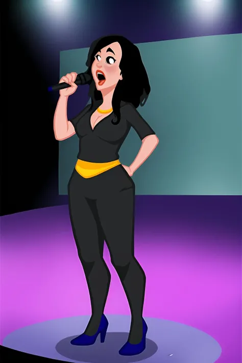 tall woman, long black hair, crazy outfit, singing into a microphone on stage,
highly detailed, 8k, cinematic,
