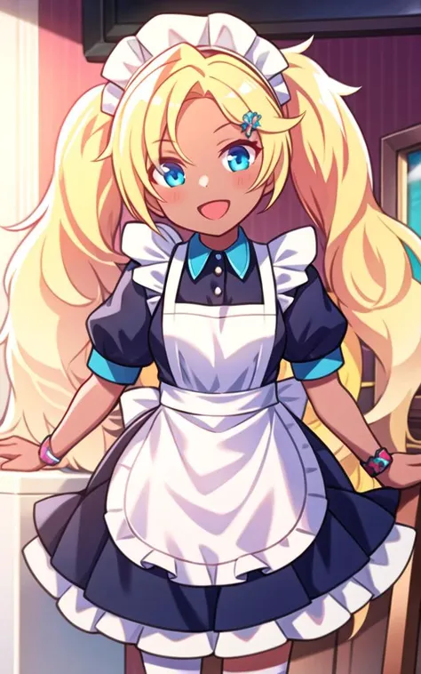 <lora:add_detail:0.5>,<lora:Kirara-mul-000008:0.8>,cowboy shot,1girl,solo,blonde hair,dark skin,dark-skinned female,twintails,open mouth,blue eyes,smile,looking at viewer,maid,apron,indoors,